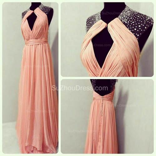 Ruffle Pink Chiffon Long Prom Dress with Beadings Unique Open Back Elegant Formal Dresses for Juniors_2