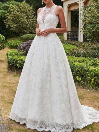 Sexy A-Line Wedding Dress Jewel Lace Tulle Sleeveless Formal Bridal Gowns with Sweep Train