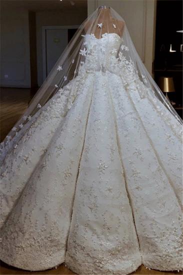 Luxuriöses trägerloses Spitzenapplikationen, das ärmelloses Ballkleid-Hochzeitskleid bördelt