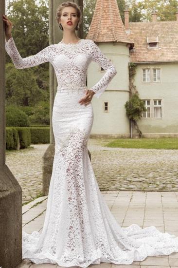 Long Sleeves Lace Mermaid Bridal Gowns Deep V Back Waved Court Train 2022 Wedding Dress_1