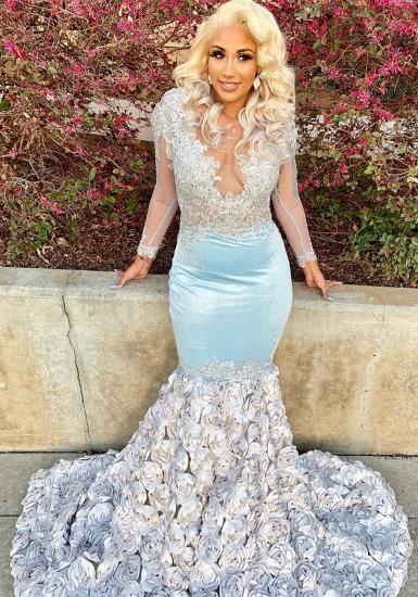 Fit and Flare Silver Flowers Baby Blue Prom Dresses | Sheer Tulle Elegant Long Sleeve Appliques Prom Gowns_2