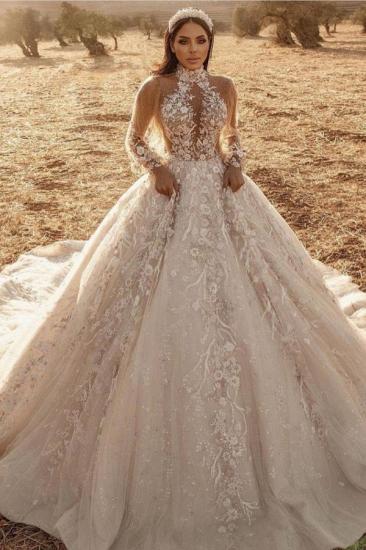 Luxury 3D Flroal Appliques Aline Ball Gown Cathedral Train