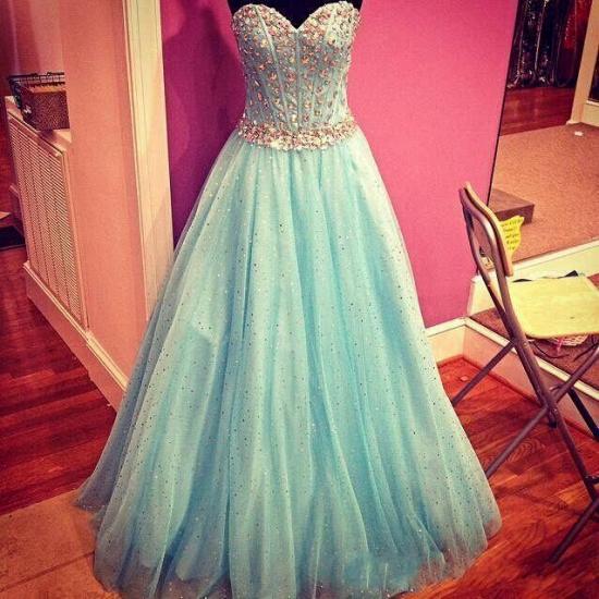 Sparkly Baby Blue Prom Dress 2022 Sweetheart Evening Gowns with Crystals Belt_3