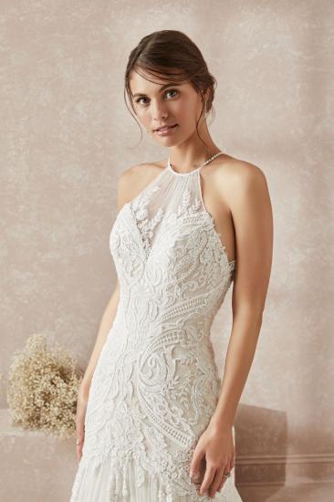 Elegantes weißes langes Hochzeitskleid mit Spitzenapplikationen_3