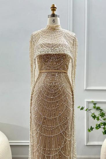 Luxus-Perlen-Meerjungfrau-Abendkleid aus Dubai mit Cape-Ärmeln, bodenlanges Partykleid aus Seequin_11