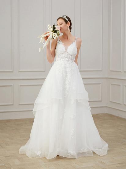 A-Line Wedding Dress V-neck Chiffon Lace Tulle Sleeveless Bridal Gowns Formal Plus Size with Sweep Train