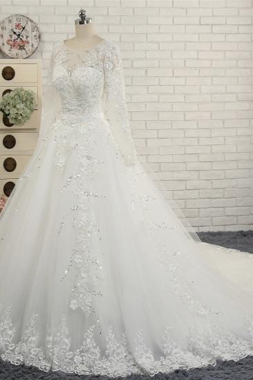 TsClothzone Modest Jewel Longsleeves White Wedding Dresses A-line Tulle Ruffles Bridal Gowns On Sale_4