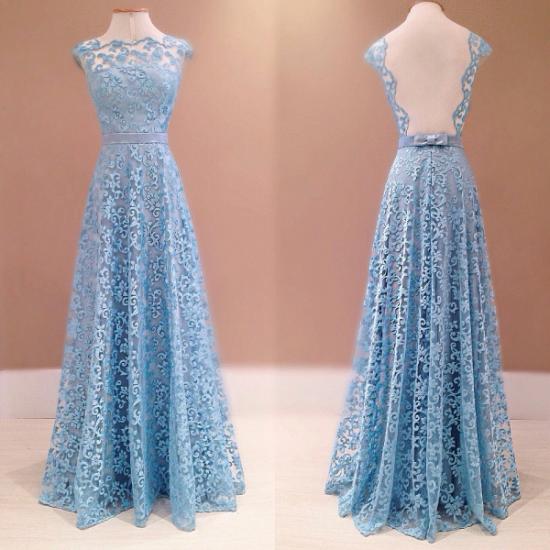 Blue Lace A-Line Backless Evening Dress 2022 New Style Cheap Prom Dress with Bowknot Sash_2