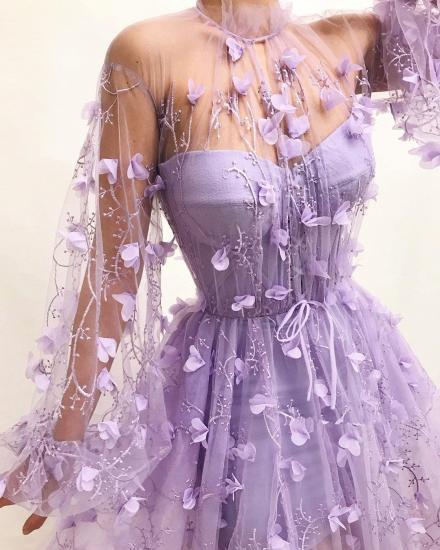 Sexy Tulle High Neck Front Slit Prom Dress | Chic Appliques Flowers Long Sleeves Prom Dress_2