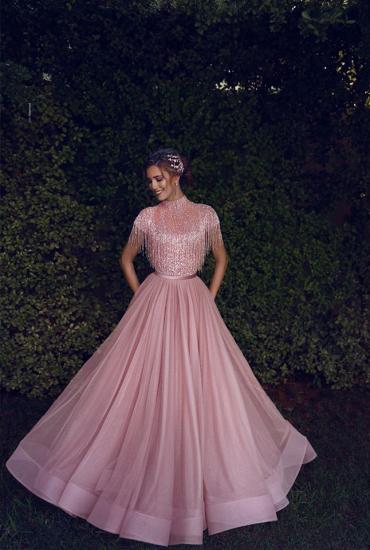 Special High Neck Tassel Beading Cap Sleeves Princess Prom Dresses | Blushing Pink Evening Gowns_2