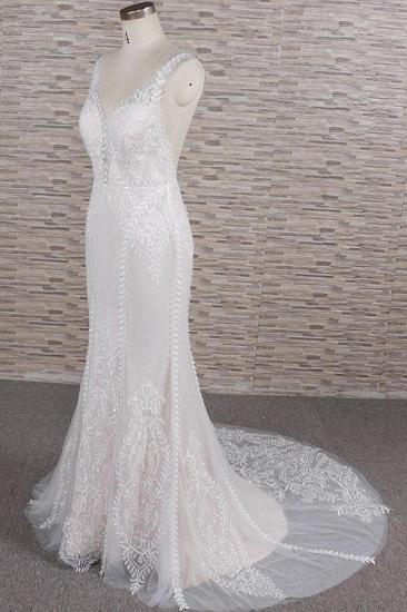 Elegante Träger A-Linie Spitzen-Hochzeitskleid | Weiße Meerjungfrau-Brautkleider mit V-Ausschnitt_4