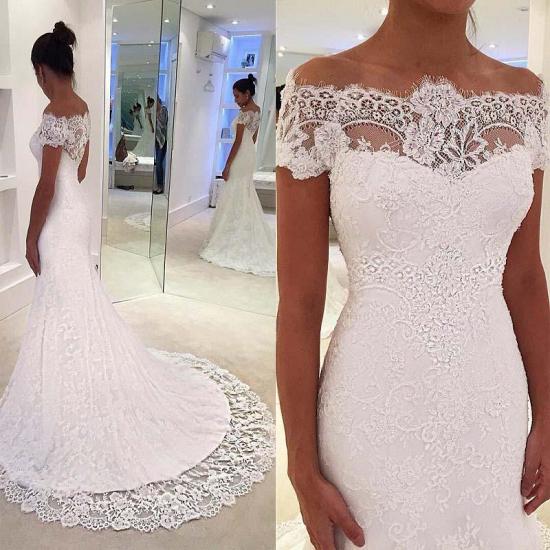 Short Sleeve Full Lace Wedding Dresses 2022 Cheap | Off The Shoulder Sheath Bridal Gowns with Court Train_3