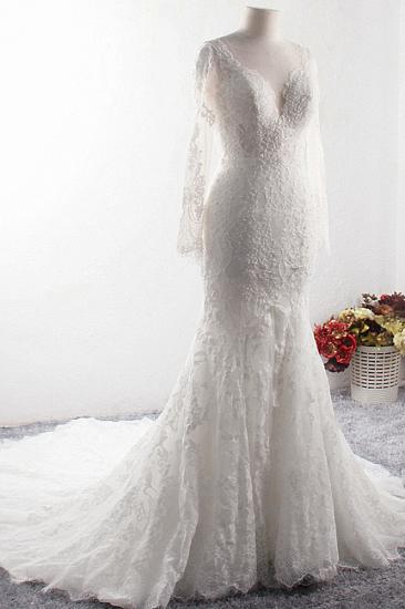 TsClothzone Elegantes Tüll-Spitzen-Hochzeitskleid mit V-Ausschnitt und langen Ärmeln Meerjungfrau-Applikationen Brautkleider mit Perlenstickerei Online_4