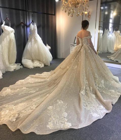 Off The Shoulder Sequins Appliques Ball Gown Wedding Dresses | Sweetheart Pleated Bridal Gowns With Court Train_2