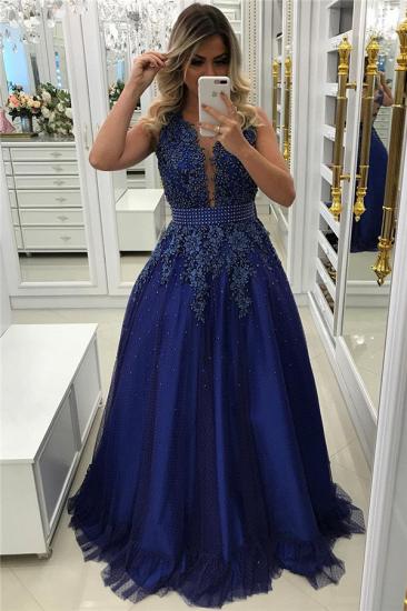 2022 Royal Blue Beads Appliques Prom Dress Sleeveless Sheer Back Formal Evening Dress with Bowknot