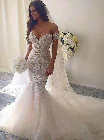 Off-the-Shoulder Sleeveless Mermaid Tulle Chapel Train Wedding Dresses_3