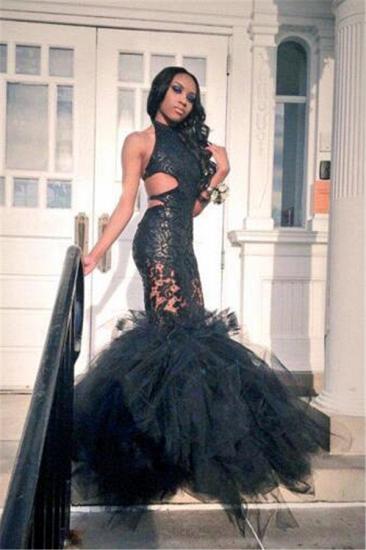 Hot Black Trumpet Lace Tulle Backless Ruffles Prom Dress
