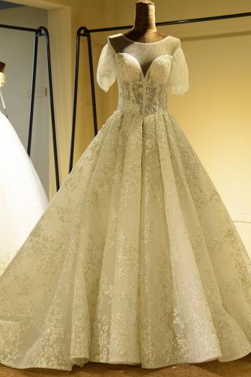 Gorgeous Short Sleeve Lace Tulle Princess Ivory Wedding Dress Online