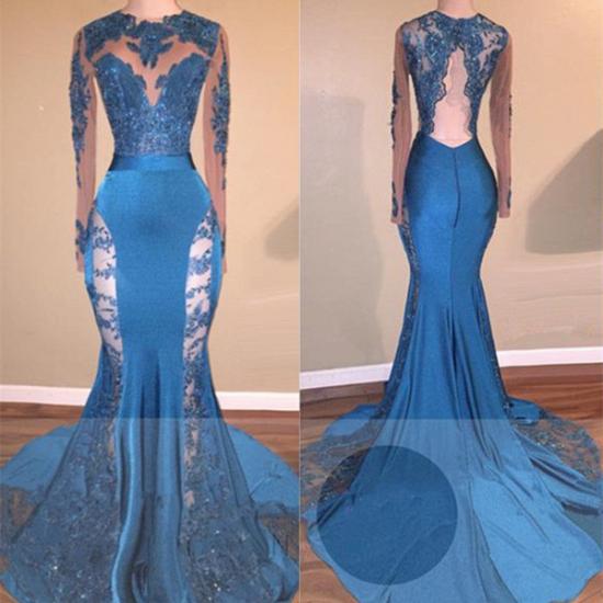 Long Sleeves Lace Appliques Open Back Brush Train Mermaid Prom Gowns_3
