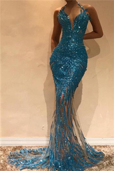 Mermaid Illusion Blue Sequins Evening Dresses | Halter Sleeveless Sexy Prom Dresses 2022_1
