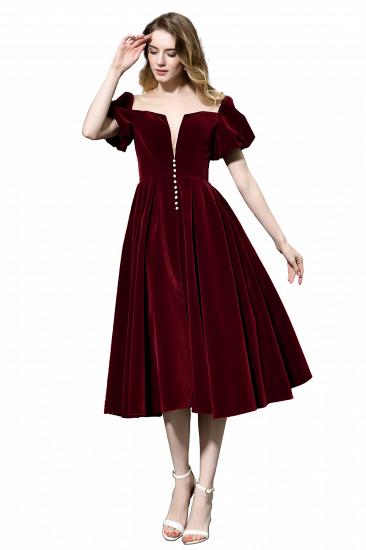 Arick | Unique Burgundy Bubble Sleeve V-neck Velvet Short Prom Dress_12