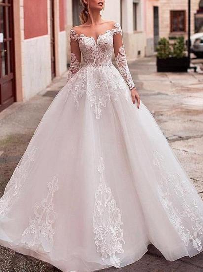 Affordable A-Line Wedding Dress Tulle Lace Long Sleeves Bridal Gowns On Sale