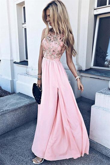 2022 Pink Sleeveless Lace Evening Dresses | Elegant Side Slit Sleeveless Evening Gowns