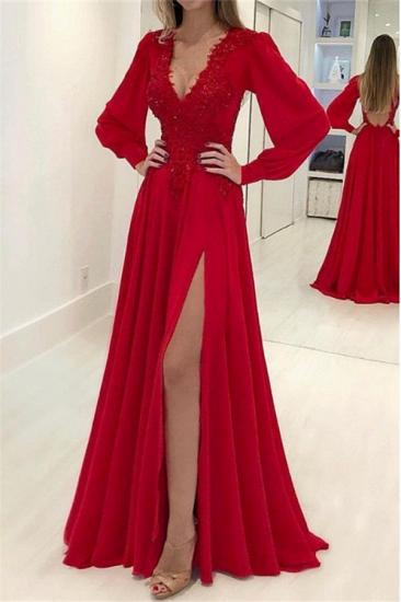 Gorgeous Res V-Neck Long Sleeves Prom Dresses | Side Slit Applique Evening Dresses with Beads