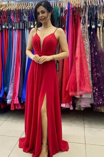 Sexy Red V-Neck Side Split Prom Dress Spaghetti Straps