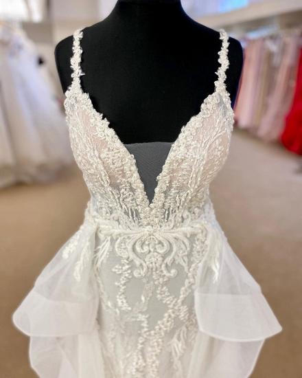 V-Neck Strap Slim Floral Tulle Floor Length Wedding Bridal Dress_4