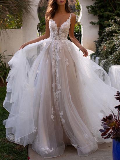 Charming Spaghetti Straps Tulle Backless Wedding Dresses With Lace Appliques_1