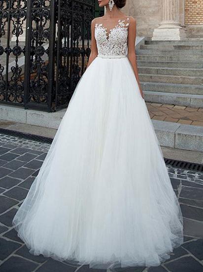Beautiful Appliques Sleeveless Tulle White A-Line Wedding Dresses Long