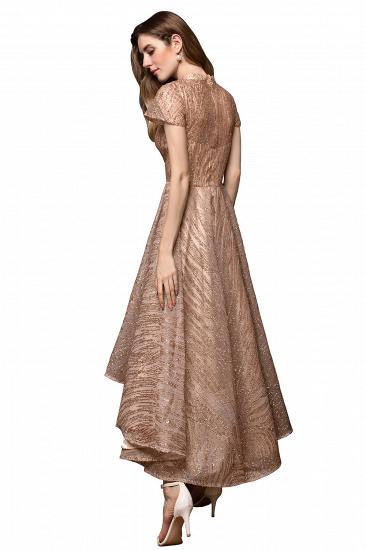 Ardolf | High neck Short Sleeve Champange Sequined High Low Prom Dress_12