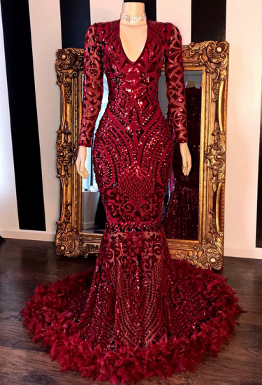 Feather Mermaid Burgundy Prom Dresses | Long Sleeve Sparkle Lace Appliques Cheap Evening Gowns