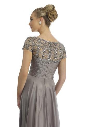 Short Sleeve Grey Long Mother Dress A-Line Crystal Chiffon Evening Gowns_5