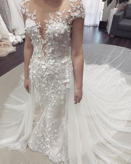 Unique Illusion neck See-through Lace Wedding Dress with Court Train_4
