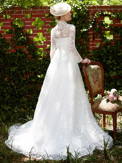 Illusion A-Line Wedding Dress Floral Lace Long Sleeve Bridal Gowns Court Train_2