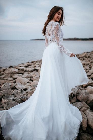 Stunning White Floral Chiffon Wedding Dress Long  Sleeves Beach Bridal Dress_7