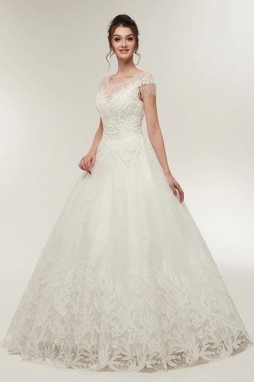 YVETTE | A-line Cap Sleeves Scoop Floor Length Lace Appliques Wedding Dresses with Crystals_6