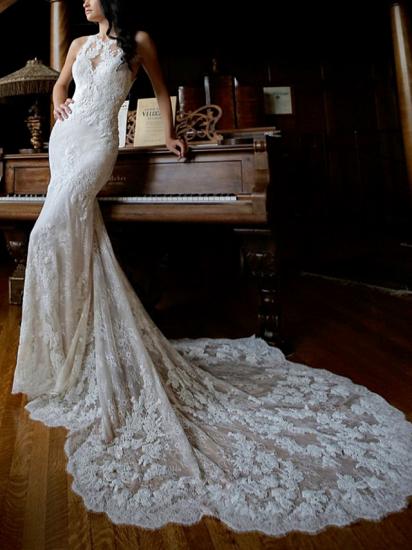 Sexy Etui-Hochzeitskleid Jewel Lace Ärmellose Brautkleider in Farbe mit Kapellenschleppe