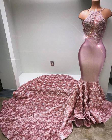 Glamorous Mermaid Pink Prom Dresses 2022 Halter Appliques Evening Dresses_3