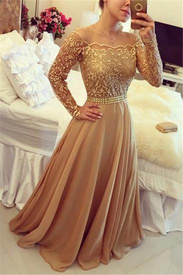 Gold Long Sleeve Evening Dresses 2022 Round Neckline Lace Chiffon Prom Dress Cheap