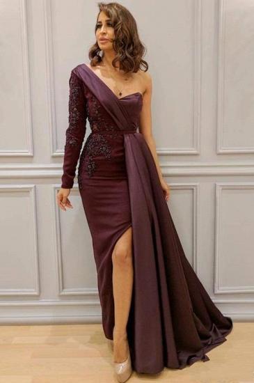Graceful  Asymmetric Splicing One Shoulder Appliques  Spandex Satin Party Dresses | Floor Length Open Back Evening Gowns With Waist Band_1