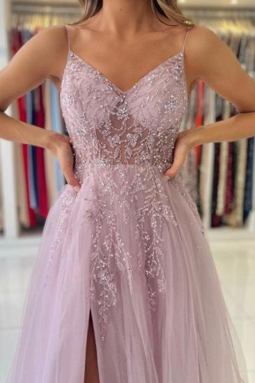 Luxurious Pink Spaghetti Strap Glitter Split Long Evening Dress | Glitter Spaghetti Strap Prom Dress_7