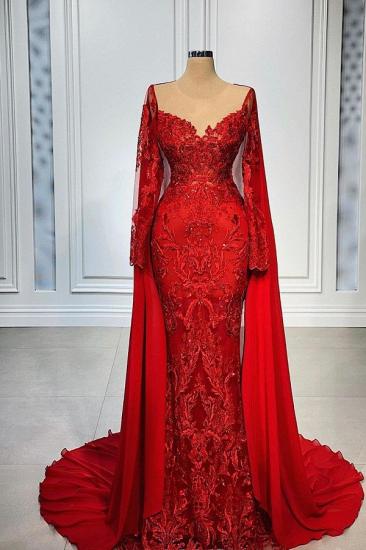 Red Long Sleeve Mermaid Lace Evening Dress | Homecoming Dress Lace Cheap