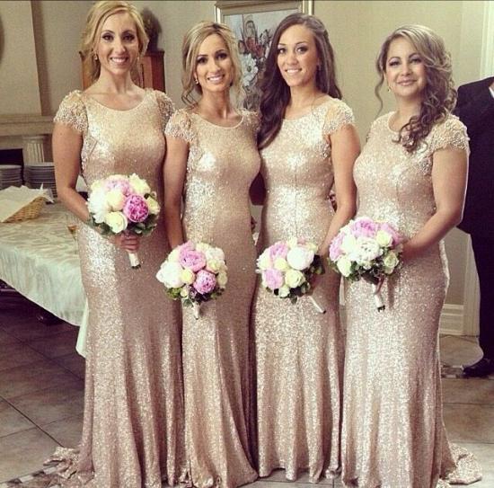 Sexy Sequined Scoop Party Dress 2022 Cap Sleeve Sweep Train Beading Bridesmaid Dresses