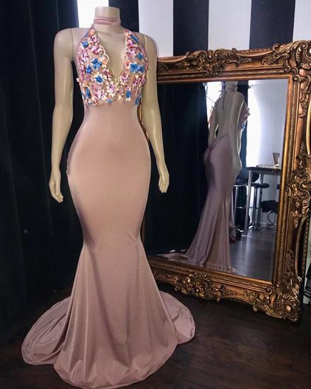 Pink Flowers Appliques Mermaid Long Prom Dresses | Glamorous Sleeveless V-Neck Evening Gowns_2