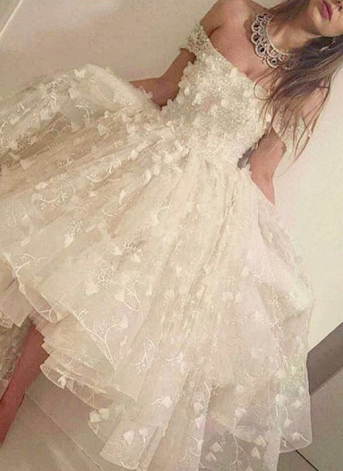 Romantic Off The Shoulder Wedding Dresses 2022 3D Floral Appliques Hi-Lo Prom Dresses_1