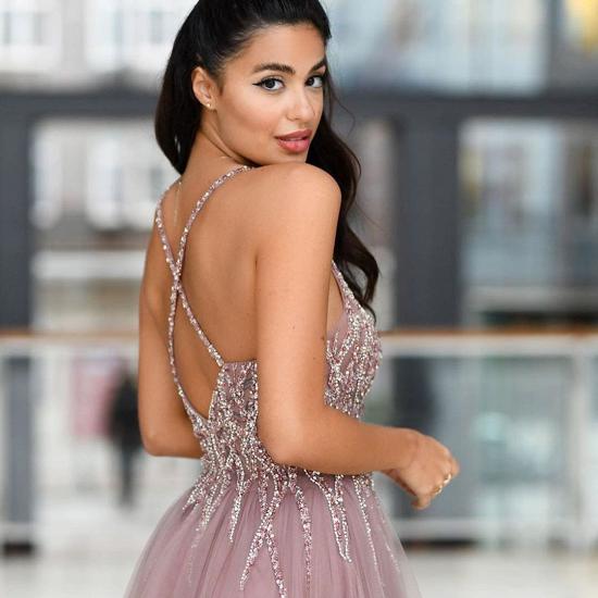 Sparkle Sequined High split Dusty pink Criss-cross Back Prom Dresses_3