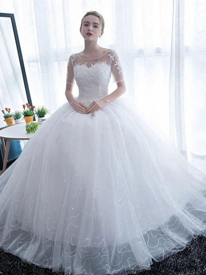 Half Sleeves Tulle White Lace Ruffles Ball Gown Wedding Dresses_5